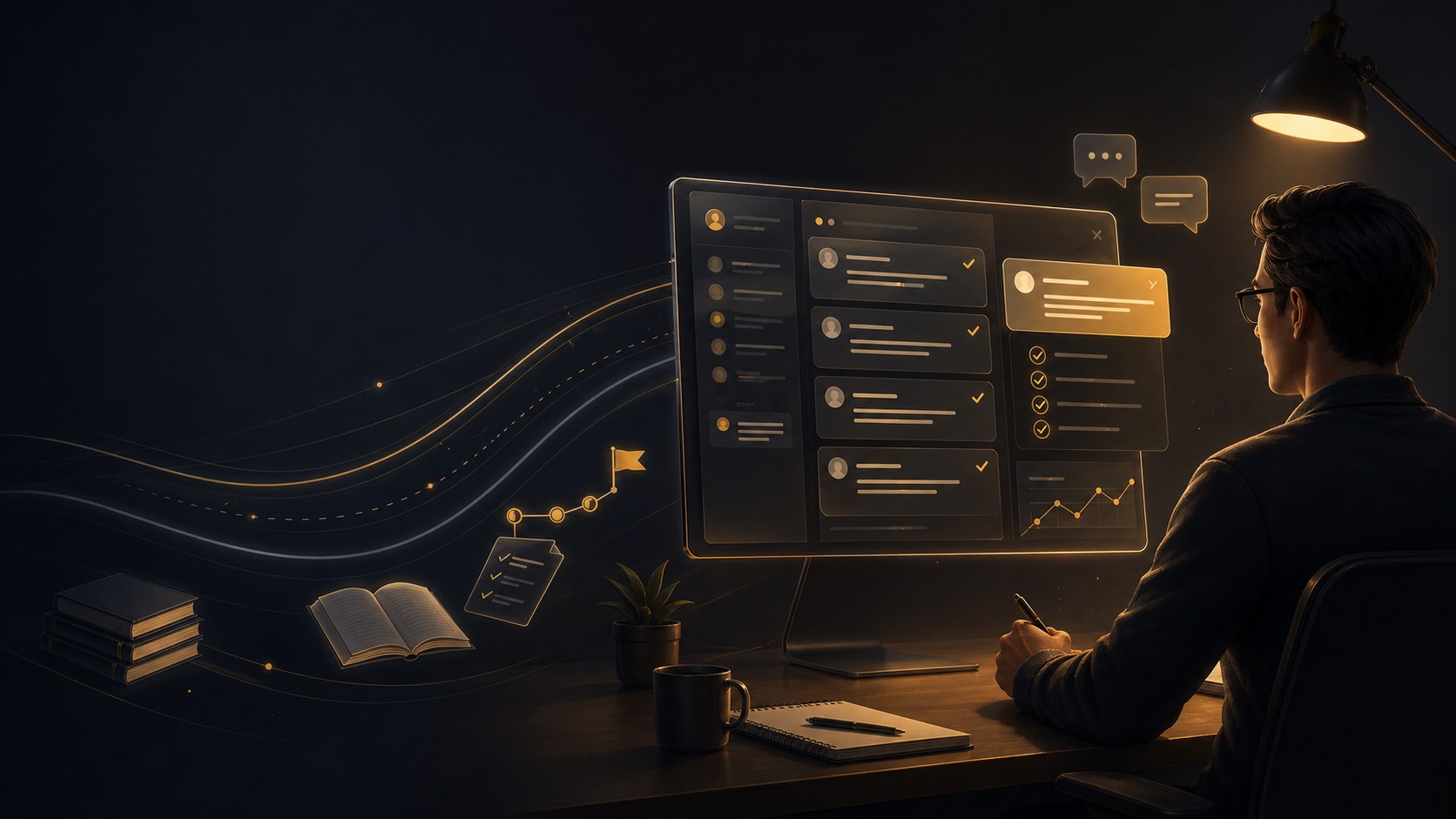 An admin reviewing organized study feedback on a monitor.